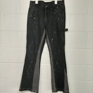 Black Icon Paint Splatter Jeans Cargo Flare Raw Hem Size 34 Grunge Streetwear